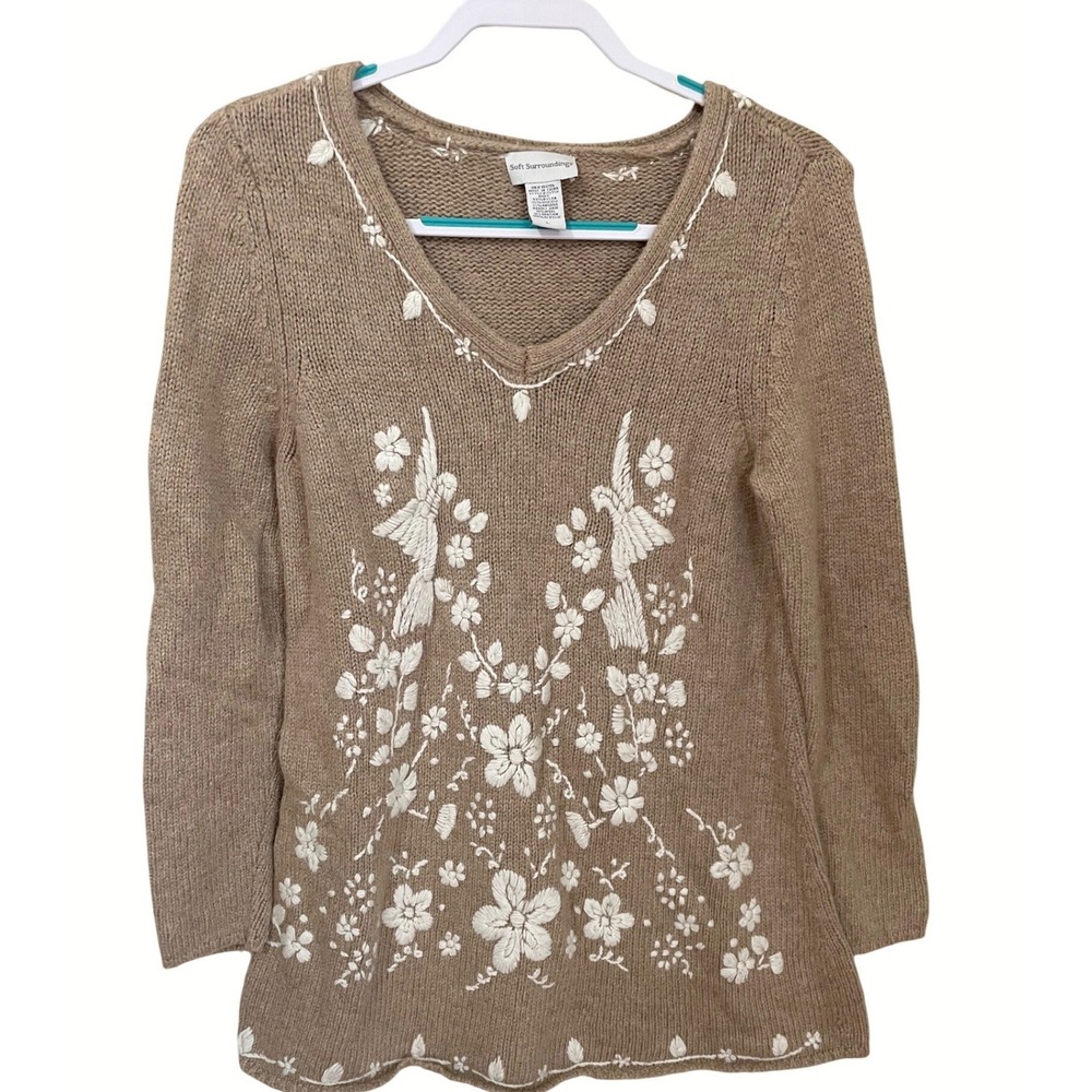 Soft Surroundings Vtg Size L Floral Bird Embroidered Angora Wool Blend Sweater